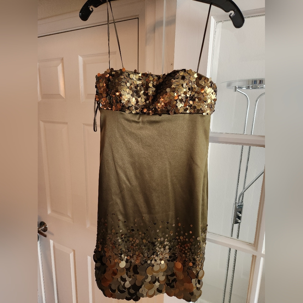 Mignon Olive Green Spaghetti Strap Mini-Dress with Sequins